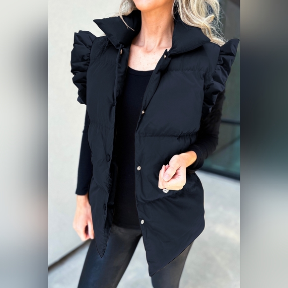 Women's Black Ruffled Snap Down Mock Neck Warm Puffy Vest Coat SALE 20% OFF - Picture 1 of 4